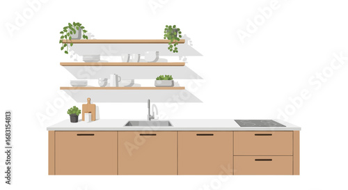 Minimalist kitchen scene with shelves, plants and neutral color palette