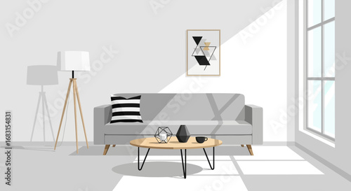 Minimalist living room interior design with sofa and geometric decor