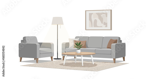 Minimalist living room interior vector illustration with sofa and armchair