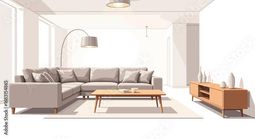 Minimalist living room interior with modern furniture and neutral tones