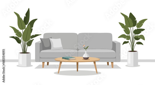 Minimalist living room interior with potted plants and neutral colors