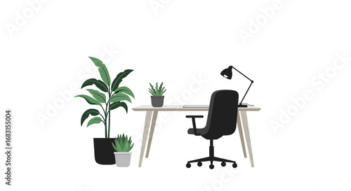 Minimalist workspace with desk, chair, lamp, and plants illustration