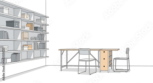 Minimalist workspace interior with desk, chairs, and storage shelving unit