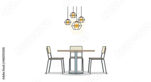 Minimalistic dining area with modern pendant lights and simplistic furniture