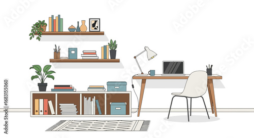 Minimalistic Home Office Space with Bookshelves, Desk, and Laptop Illustration