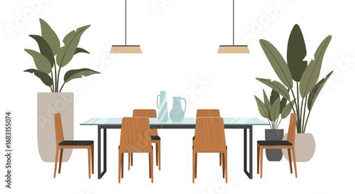 Minimalistic dining room with plants and light blue glass table design