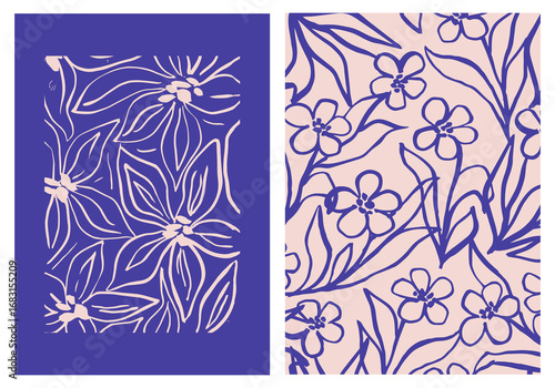 Abstract retro aesthetic backgrounds set with doodle flowers. Vintage floral mid century art prints. Brush textured botanical wall art. Modern naive interior decorations, paintings, posters
