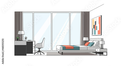 Modern Bedroom Interior with Desk Area and Natural Light Illustration