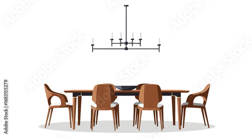 Modern dining area with wooden chairs, table and minimalist chandelier