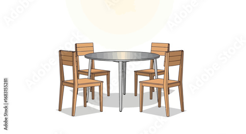 Modern dining arrangement with round table and four wooden chairs