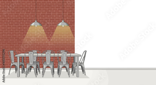 Modern dining room illustration featuring brick wall and metal chairs
