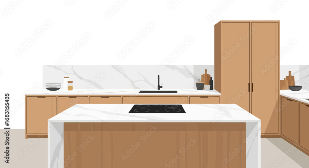 Fototapeta premium Modern kitchen design, minimalist style with marble island and sleek cabinetry