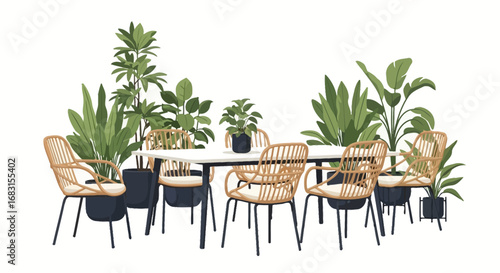 Modern dining table and chairs surrounded by indoor tropical plants