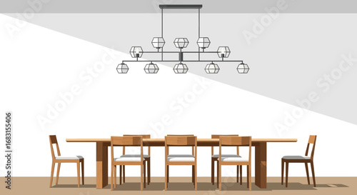 Modern dining room with stylish chandelier and wooden furniture set