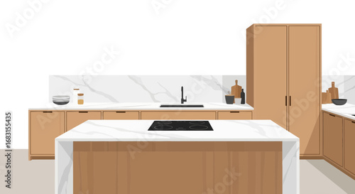 Modern kitchen design, minimalist style with marble island and sleek cabinetry