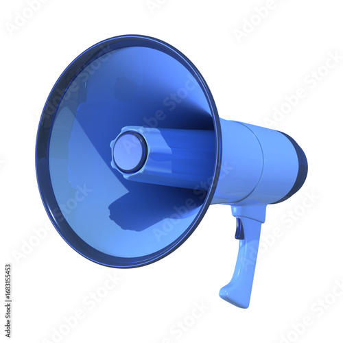 A vibrant blue bullhorn or loudspeaker isolated on a plain background, symbolizing communication, protest, and speaking out