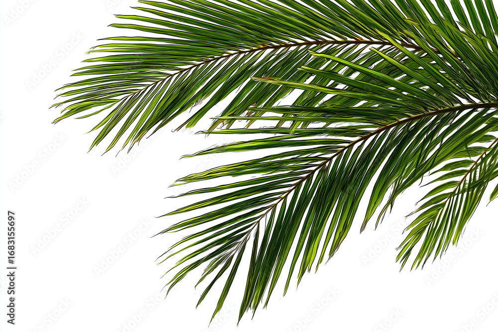 Obraz premium Fronda di palma verde brillante nell’angolo, su sfondo bianco. Elemento tropicale pulito e scontornabile, ideale per inviti estivi, branding travel, pattern freschi, poster e composizioni.