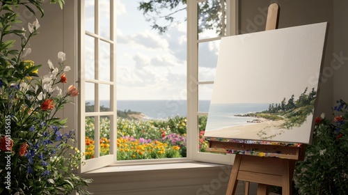 Serene Artist Studio Bathed in Natural Summer Light with Ocean View and Vibrant Flower Garden