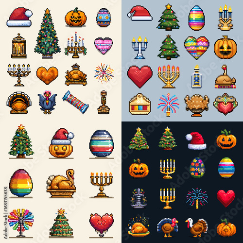 Pixel-art holiday illustration featuring Christmas trees, Easter eggs, pumpkins, menorahs, turkeys, hearts, fireworks, and festive decorations.