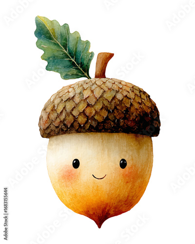 Cute smiling acorn with blushing cheeks and green leaf, adorable autumn woodland watercolor illustration, isolated with transparent background