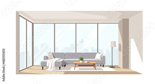 Modern living room interior with panoramic windows and urban view
