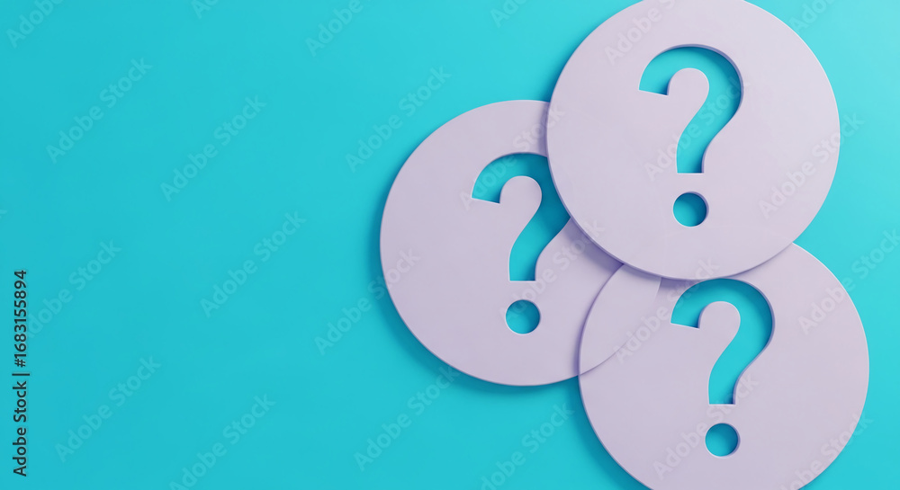 Obraz premium Lilac circles with question marks on cyan background, showcasing uncertainty or inquiry concept Free space for text