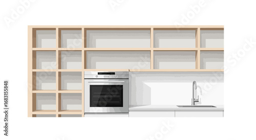 Modern minimalist kitchen design featuring sleek appliances and open shelves