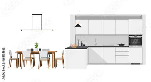 Modern minimalist kitchen and dining room interior illustration design