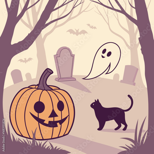 A whimsical Halloween illustration featuring a friendly ghost, a black cat, and a grinning jack-o-lantern in a spooky graveyard forest