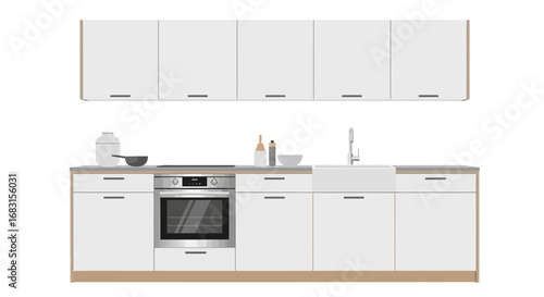 Modern minimalist kitchen interior design with white cabinets and appliances