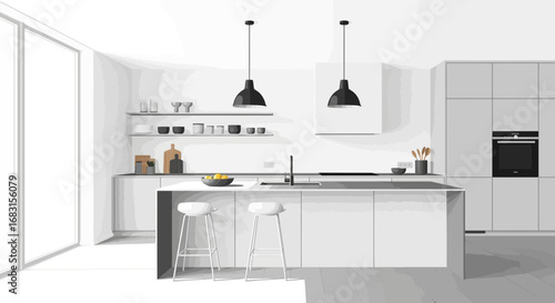 Modern minimalist kitchen interior featuring clean lines and stark contrast