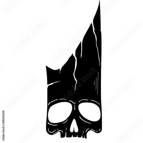 A stark black and white graphic illustration of a shattered skull with jagged broken edges, representing concepts of death, danger, and rebellion
