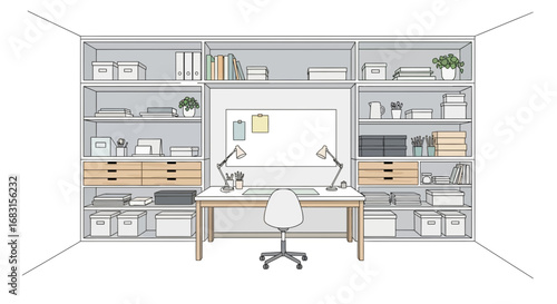 Organized home office setup featuring minimalist desk and shelving unit