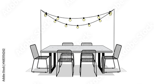 Outdoor dining area illuminated by string lights for a modern ambiance