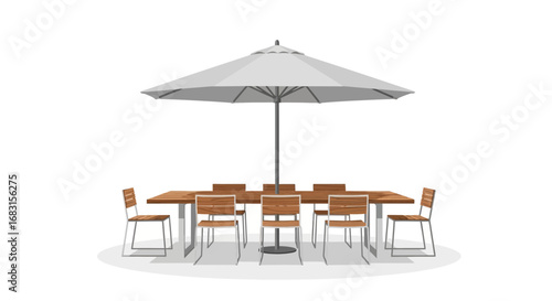 Outdoor dining arrangement with table, chairs, and sun umbrella isolated