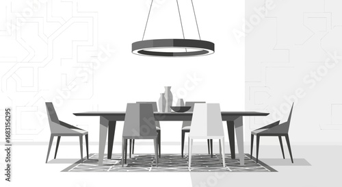 Monochrome dining scene features sleek table, chairs, and modern lighting