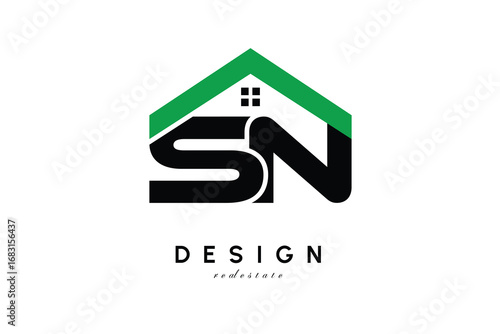 SN Letter Logo – Green Roof House Monogram for Real Estate & Home Branding