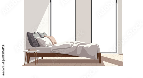 Serene bedroom interior with sunlit window and cozy bedding arrangement