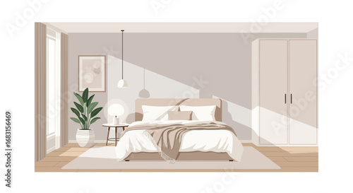 Serene bedroom with minimalist design elements in a warm color palette