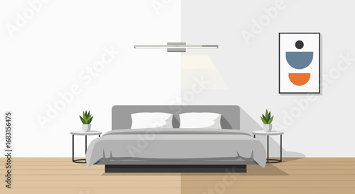 Serene bedroom interior with minimalist design and decorative elements