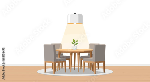 Serene dining area featuring a round wooden table and four chairs