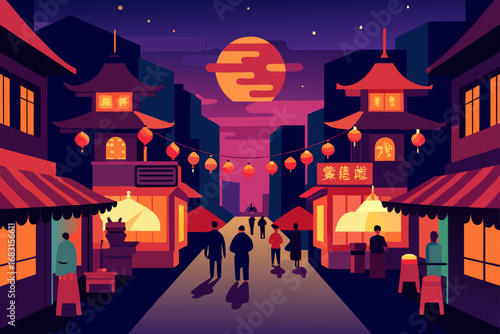 a bustling chinatown street at night  with lantern