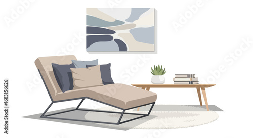 Serene living room with chaise lounge and abstract wall art illustration
