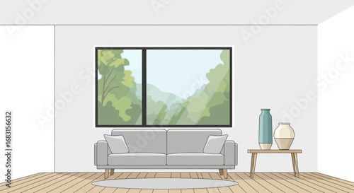 Serene Living Room Interior with Landscape Window and Modern Furniture