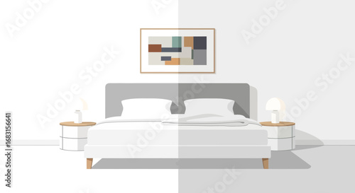 Serene minimalist bedroom interior design with muted color palette artwork