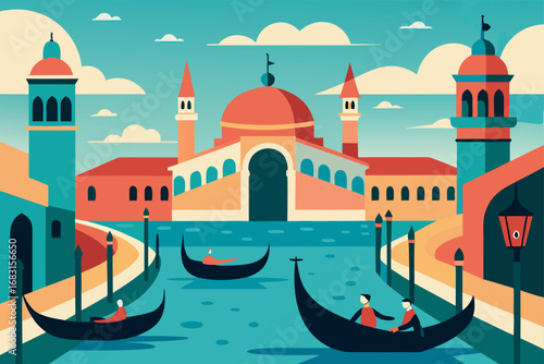 a bustling venetian canal scene with gondolas and 