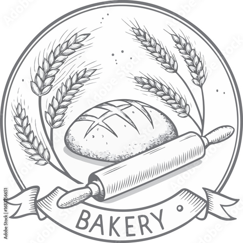 Bakery Logo with Bread Rolling Pin and Wheat