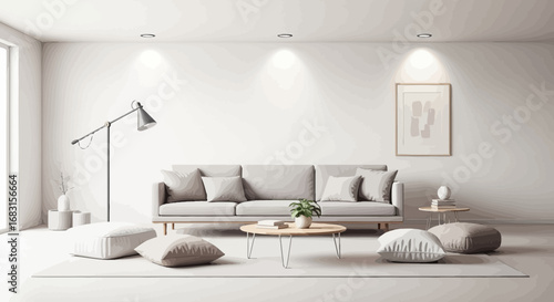 Serene minimalist living room with neutral tones and contemporary design