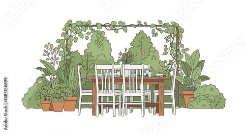 Serene outdoor dining setting featuring foliage and casual dining arrangement