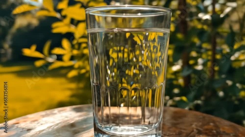 A glass of water with reflections of nature.